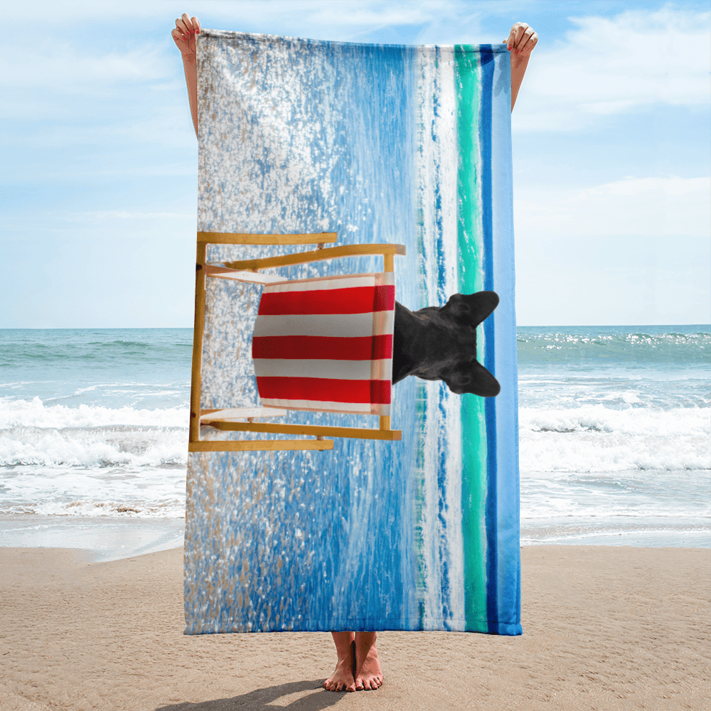 Frenchie Rocks โKong at the Beach" Beach Towel - Frenchie Rocks